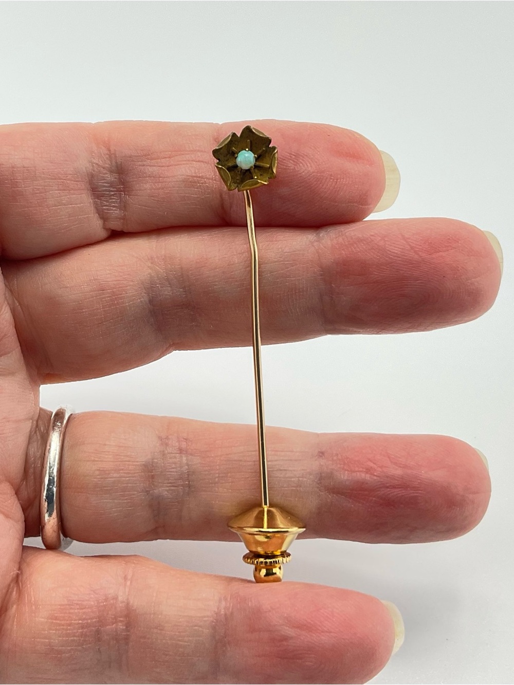 Opal Flower Stick Pin, Vintage to Antique, Art Nouveau, Gold Vermeil - Picture 8 of 11